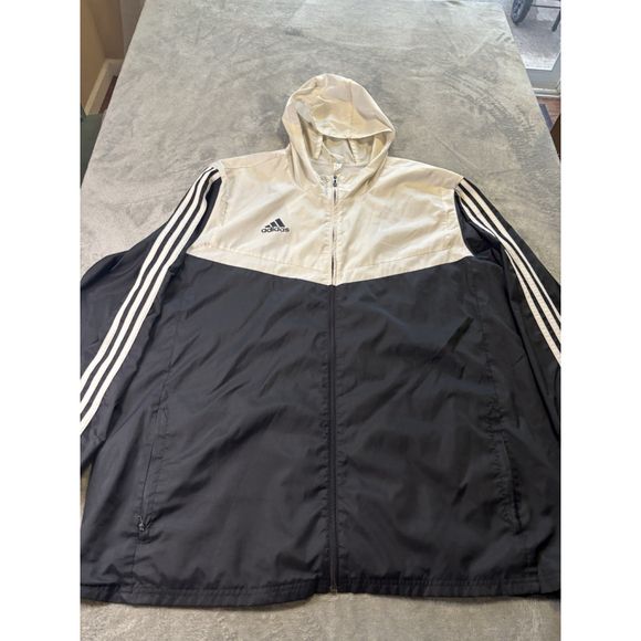 Adidas Tricot Mens Sz XL 3 Stripe Hooded Zip Black White Windbreaker New WO Tags - Picture 1 of 7